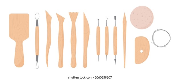 Set of modern pottery tools. Collection of wooden tools for clay sculpture making. Art studio equipment. Craft hobby elements. Vector illustration in flat style