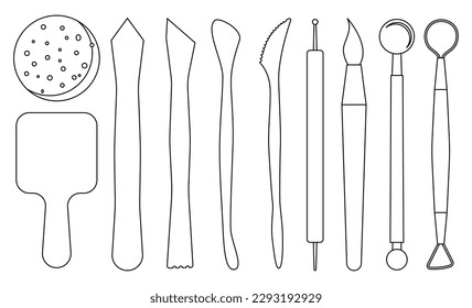 Conjunto de herramientas modernas de cerámica. Colección de herramientas de madera para la escultura de arcilla, línea de arte, contorno. Equipamiento de estudio de arte. Elementos de afición a la artesanía. Ilustración del vector en el fondo aislado de estilo plano