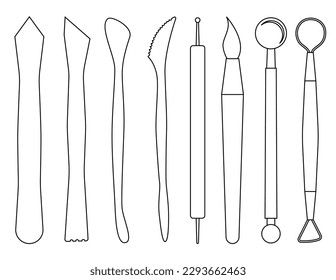 Set of modern pottery tools. Collection of wooden tools for clay sculpture making line art, outline. Art studio equipment. Craft hobby elements. Vector illustration in flat style isolated background