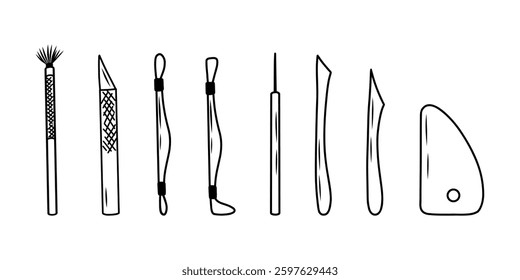 A set of modern pottery tools. A collection of wooden tools for making clay sculptures. Equipment for an art studio. Vector black and white contour illustration