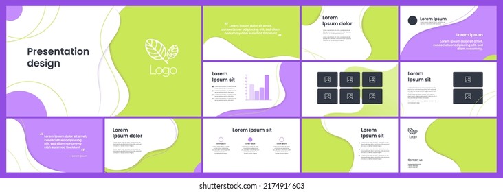 Set of modern powerpoint presentation templates. Presentation design, portfolio vector templates with flowing colorful trendy gradients of geometric shapes. Slide page, flyer, website, company profile