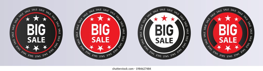 Set of Modern Premium Sale Circle Badges. Editable red black white designs collection with text and star symbols