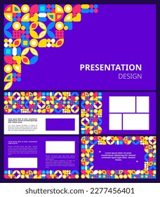 Set of modern presentation templates. Presentation design, portfolio vector layout with geometric colorful trendy square Bauhaus geometric shapes. Slide page, flyer, website, company profile