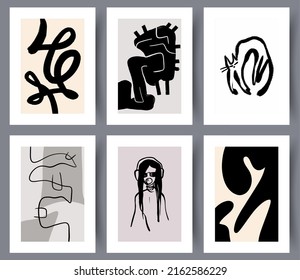Set of modern printable abstract art wall posters or banners. Collection of minimalistic abstractionism artworks for print. Vector illustration. 