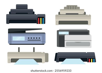 Set of modern printers in cartoon style. Vector illustration of printers of different types for printing papers, documents isolated on a white background. Office equipment.Printers for color printing.