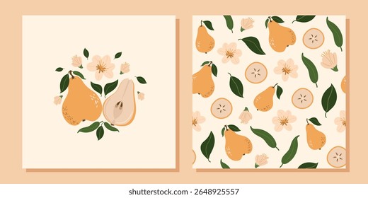 A set of modern prints and seamless patterns featuring sweet, ripe pears, leaves and flowers. Vector design for fabric, wallpaper, wrapping paper and more