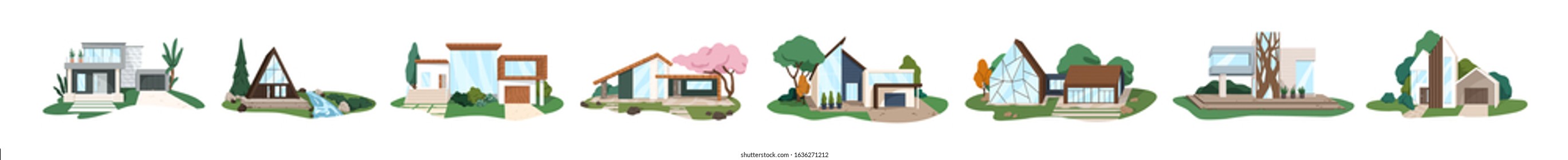 Set of modern private house exterior vector illustration. Collection of colored various style residential building isolated on white background. Bundle of luxury architecture villa, cottage, mansion