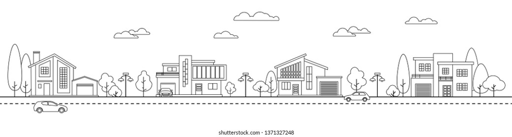 Set modern private houses in suburban street. Line art design style. Residential  buildings, garages  and trees. Landscape design