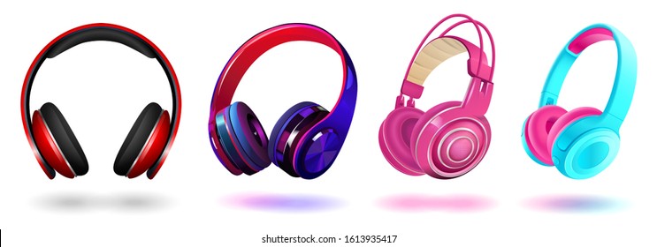 Set of modern professional headphones isolated on white background, realistic vector. Illustrations for Club poster with headphones, dance party flyer, dj event, music album cover, vector