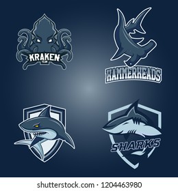 Set of modern professional logo for sport team. Sharks, hammerheads kraken mascot Vector symbol on a dark background