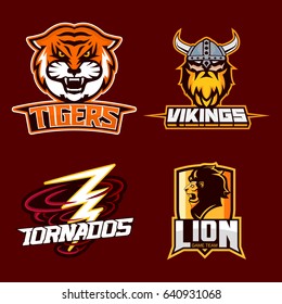 Set of modern professional logo for sport team. Tiger, viking, tornados, lion mascot. Vector symbol on a dark background.