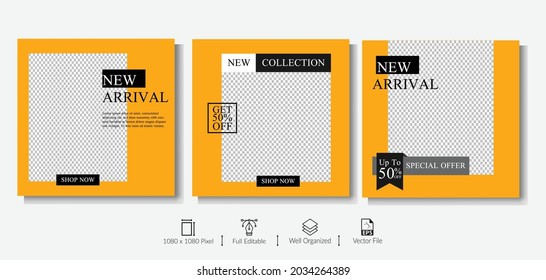 Set of Modern promotion square web banner for social media mobile apps.
Editable minimal square banner template. Black and yellow background color with  photo college.