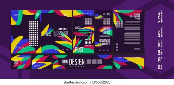 Set of modern purple creative expo layout templates, 10 pages editable, Vector design.