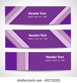 Set of modern purple horizontal vector banners, page headers in a material design style. Can be used as a business template or in a web design. Vector illustration.