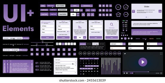 A set of modern purple web interface elements designed for the development and design of websites and mobile applications. Includes buttons, icons, navigation elements, slyder, forms.
