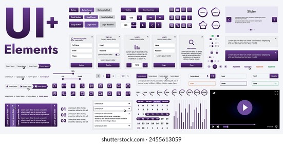 A set of modern purple web interface elements designed for the development and design of websites and mobile applications. Includes buttons, icons, navigation elements, slyder, forms.