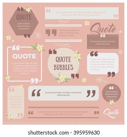 Set of modern quote bubbles, comment template with florals and flourishes. Different frames delicate blank sample, great for web, app, book, typography design
