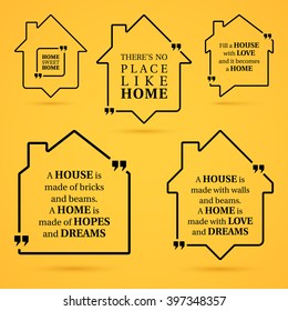 Set of modern quotes about home in house outlines on yellow background.