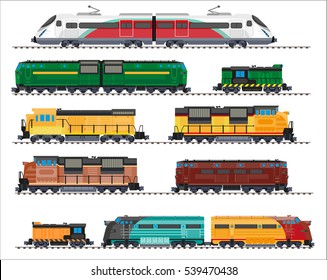 Set of modern railway transport: locomotives, speed passengers trains, wagons. Railroad transportation and cargo carriage coal. Logistics industry vector illustration in flat style, isolated on white