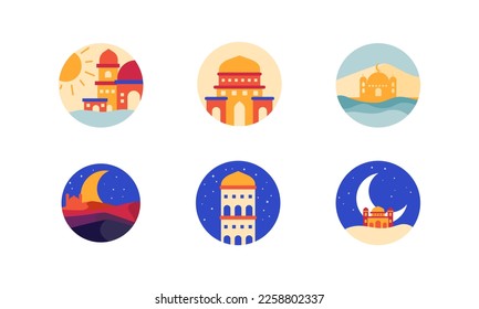 Set of Modern Ramadan flat mosque icon vector illustration design, this vector is suitable for icons, logos, illustrations, stickers, books, covers, etc