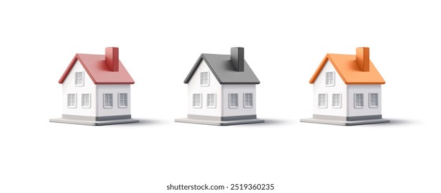 Set of modern realistic houses with colored roofs, 3D. Minimalist icons of houses. Rent, purchase, and mortgage on country real estate. Comfortable family accommodation. Vector