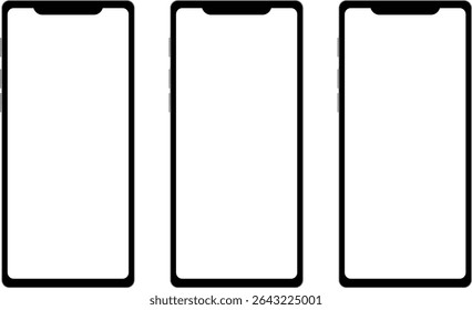 Set of Modern Realistic Smartphone Vector Mockups with Editable Screens on White Background.This collection features modern smartphone vector mockups showcasing sleek, bezel-less phone designs
