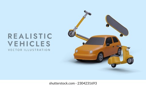 Conjunto de vehículos modernos y realistas. Objetos 3D en movimiento detenido. Moto, patineta, auto. Pancarta brillante para publicidad en línea. Alquiler y venta de vehículos personales