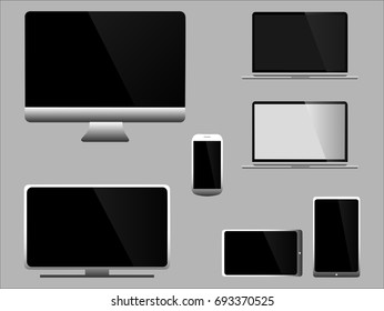 Set of modern and realistic white and black monitors, phone and smartphone, tablet, computer, laptop and tv