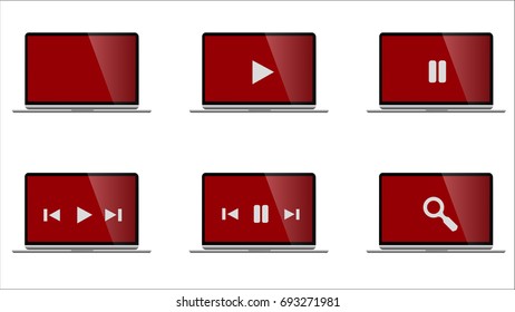 Set of modern red and black laptop and computer with playback options