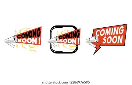Set of Modern red vector banner ribbon coming soon with megaphone. Web element