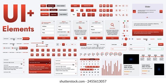 A set of modern red web interface elements designed for the development and design of websites and mobile applications. Includes buttons, icons, navigation elements, slyder, forms.