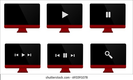 Set of modern red, white and grey computer with playback options, movies and music