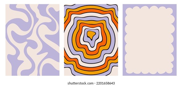 Set of modern retro backgrounds. Vector posters in the style of the 90s. Hypnotic, distorted wavy pattern, and frame. Trendy Graphic Template. Isolated Vector illustration with space for text