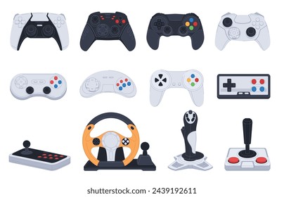 A set of modern and retro gaming joysticks. Game consoles. Computer games and modern entertainment. Vector illustration