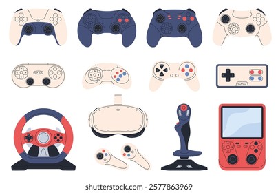 A set of modern and retro gaming joysticks. Game consoles. Computer games and modern entertainment. Vector illustration