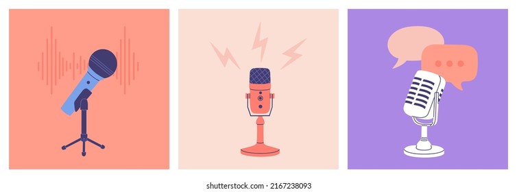 Set of modern and retro microphone. Audio studio equipment. Hand drawn vector illustration isolated on color background. Flat cartoon style.