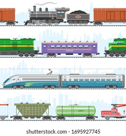 Set of modern and retro railway transport, locomotives, speed passengers trains, wagons flat isolated on white vector illustration. Railroad transportation and cargo carriage coal. Logistics industry.