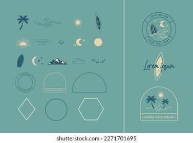 Set of Modern Retro Summer Vintage Hand Drawn Logo Elements. Vector Design for Business Signs, Branding Identities, Labels, Icons and Web.