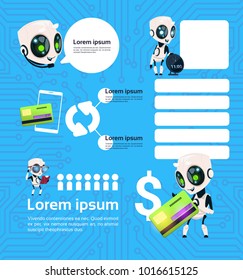 Set of Modern Robot Technology Chatbots Service On Blue Background With Circuit Artificial Intelligence Infographic Template Elements Flat Vector Illustration