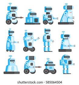 Set of modern robots, domestic helpers, Artificial Intelligence, the product of high technology and innovation. Vector illustration of a modern orthogonal design.