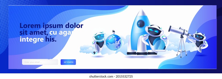 set modern robots with rocket globe and telescope artificial intelligence discovery concept