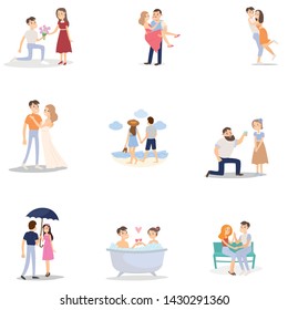 Set of modern romantic couple, woman and man in different situation