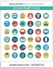 Set of modern round flat icons of education, online training and courses, university and distance education, staff training, digital library, basic and elementary study, e-learning, video tutorials.
