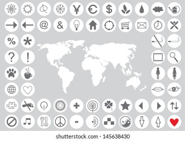 set of modern round web icons and world map isolated on silver background