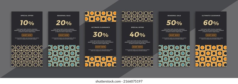 Set of modern sale and discount promo backgrounds for social media mobile app stories. Dark vertical promotional web banners with geometric pattern. Simple vector editable background EPS 10