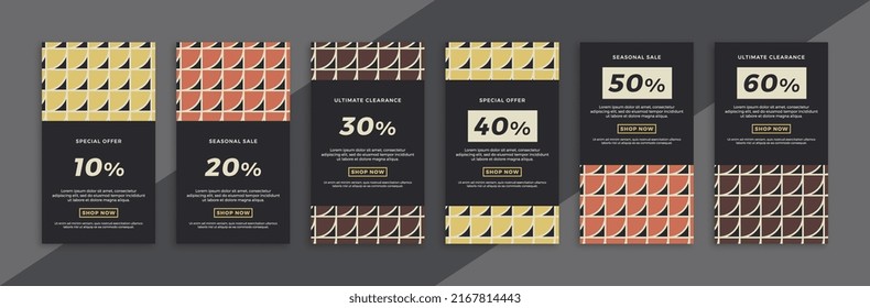 Set of modern sale and discount promo backgrounds for social media mobile app stories. Dark vertical promotional web banners with geometric pattern. Simple vector editable background EPS 10