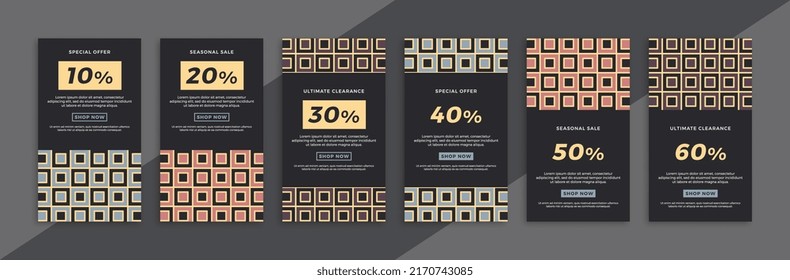 Set of modern sale and discount promo backgrounds for social media mobile app stories. Dark vertical promotional web banners with geometric pattern. Simple vector editable background EPS 10