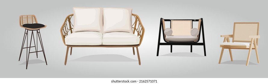 Set of modern scandinavian or boho style furniture - sofa and chairs. Rattan outdoor, lounge, living room, garden furniture. Realistic vector illustration isolated.