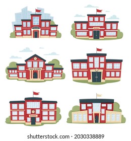 Set of modern school buildings in red color with trees and city silhouette. A city landscape with a house facade. Front view of learning building. Isolated vector illustration in flat cartoon style
