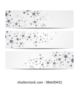 Set of modern science banners. Molecule structure of DNA and neurons. Medicine, science and technology. Vector illustration for your design.